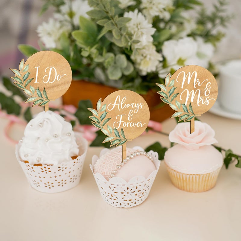 Party to Be 12 PCS Wedding Cupcake Toppers Green Mr & Mrs Wedding Cake Cupcake Decorations in Wood - Image 3